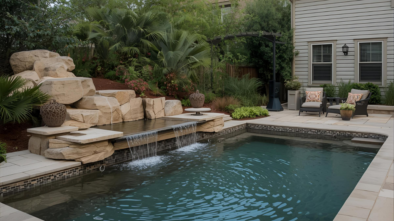 Pool with a waterfall feature, surrounded by stone patio and landscaping, near a house.