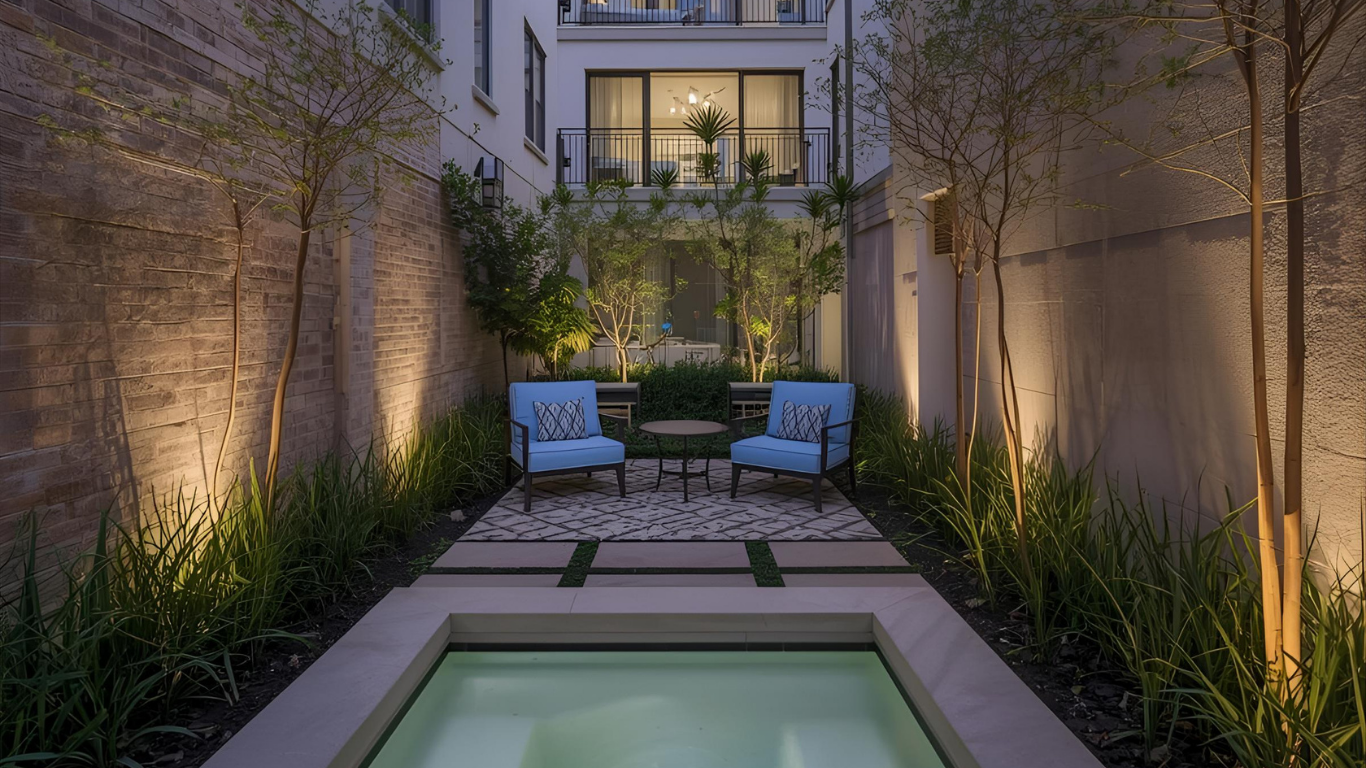 Outdoor seating area with two blue chairs, a small pool, and up-lit trees between tall walls.