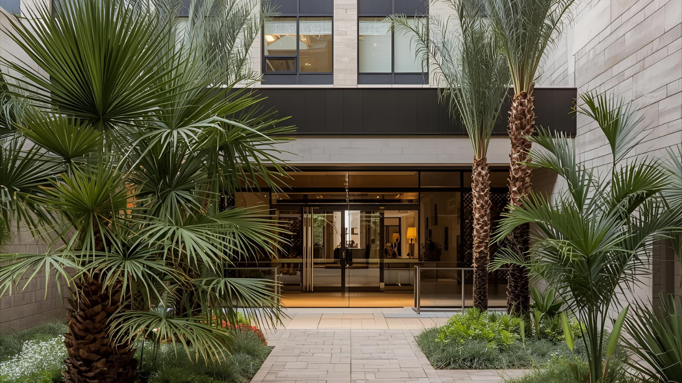 Entrance to modern building with palm trees and a stone path.