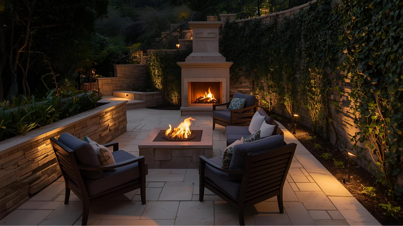 Cozy outdoor patio with a lit fireplace and fire pit, surrounded by seating and warm lighting at dusk.