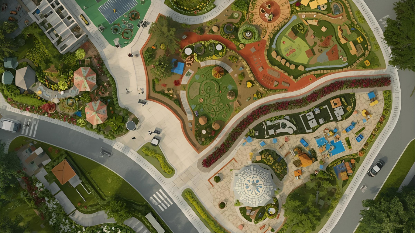 Aerial view of colorful playground with paths, landscaping, and some vehicles on a street.
