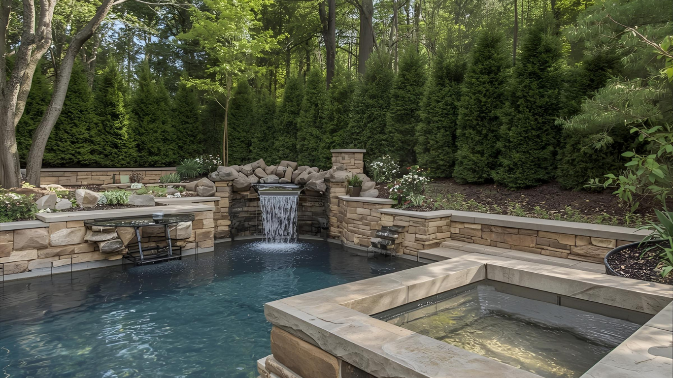 Pool and spa with waterfall, surrounded by stonework and lush greenery.