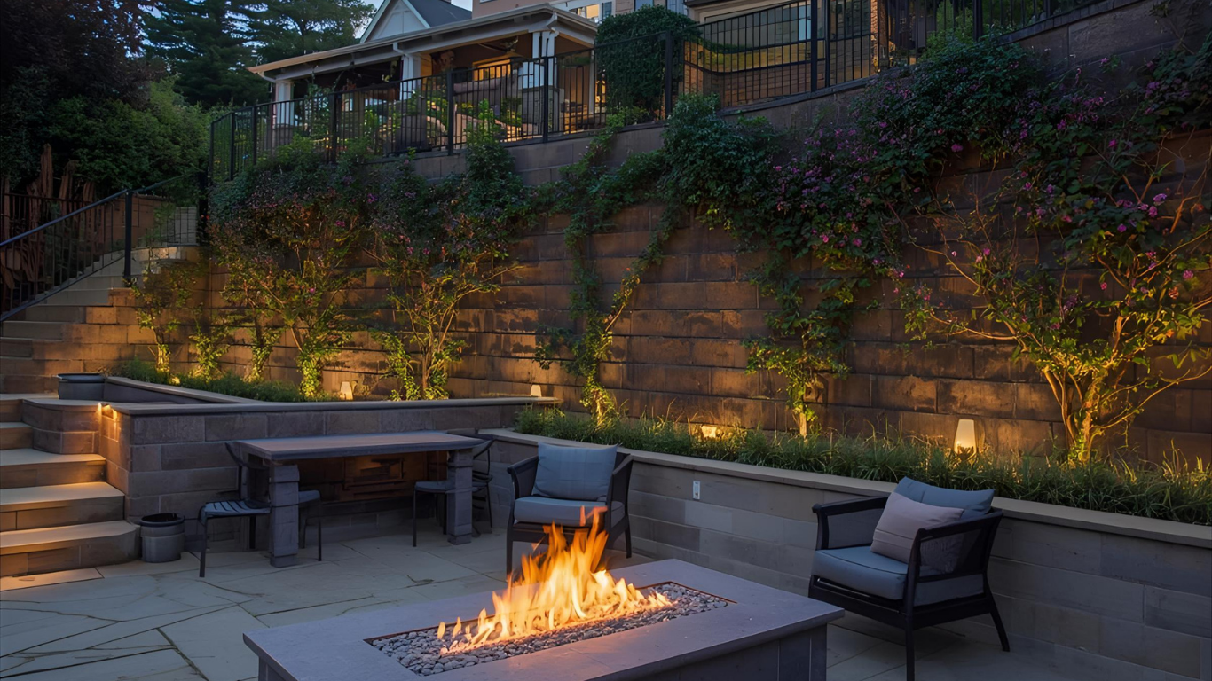 Outdoor patio with a fire pit, seating, and tiered landscaping with accent lighting.