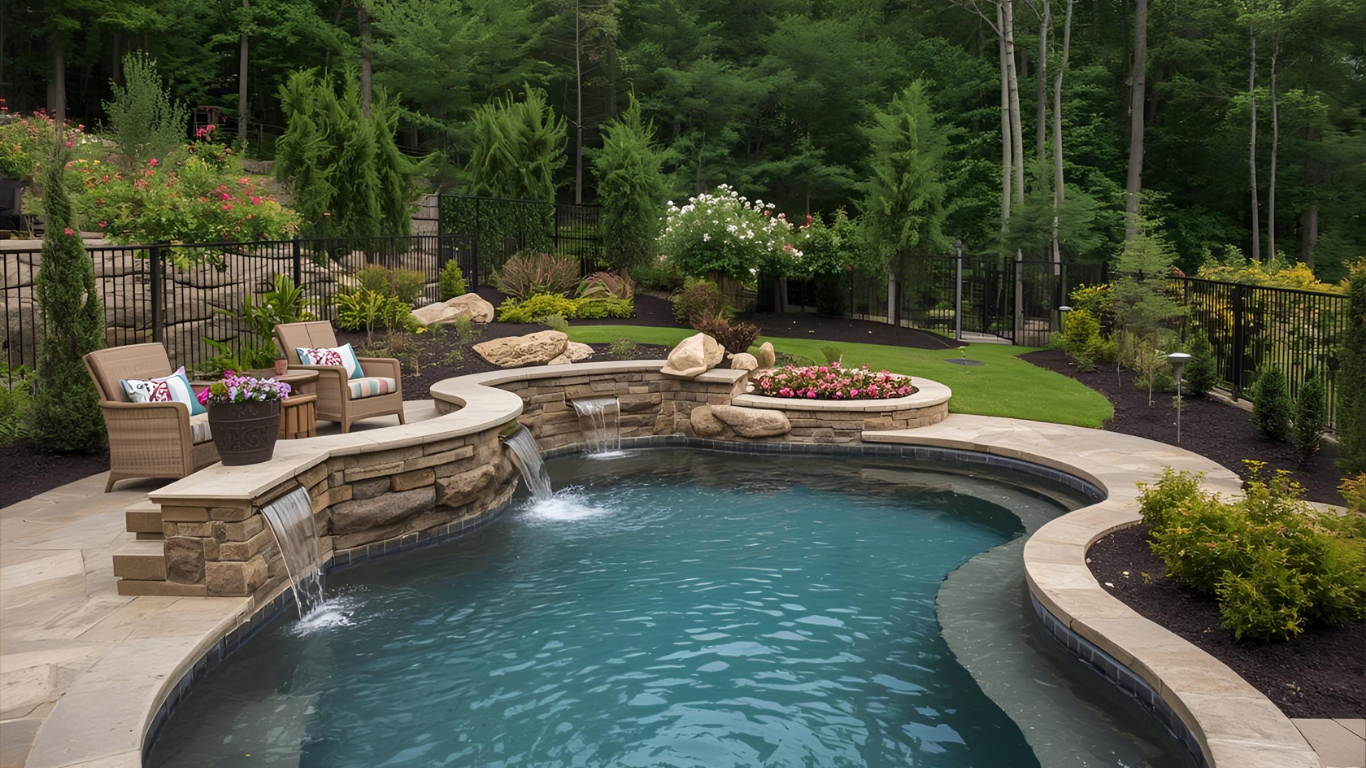 Stone pool with waterfalls, surrounded by landscaping, patio, and seating area.