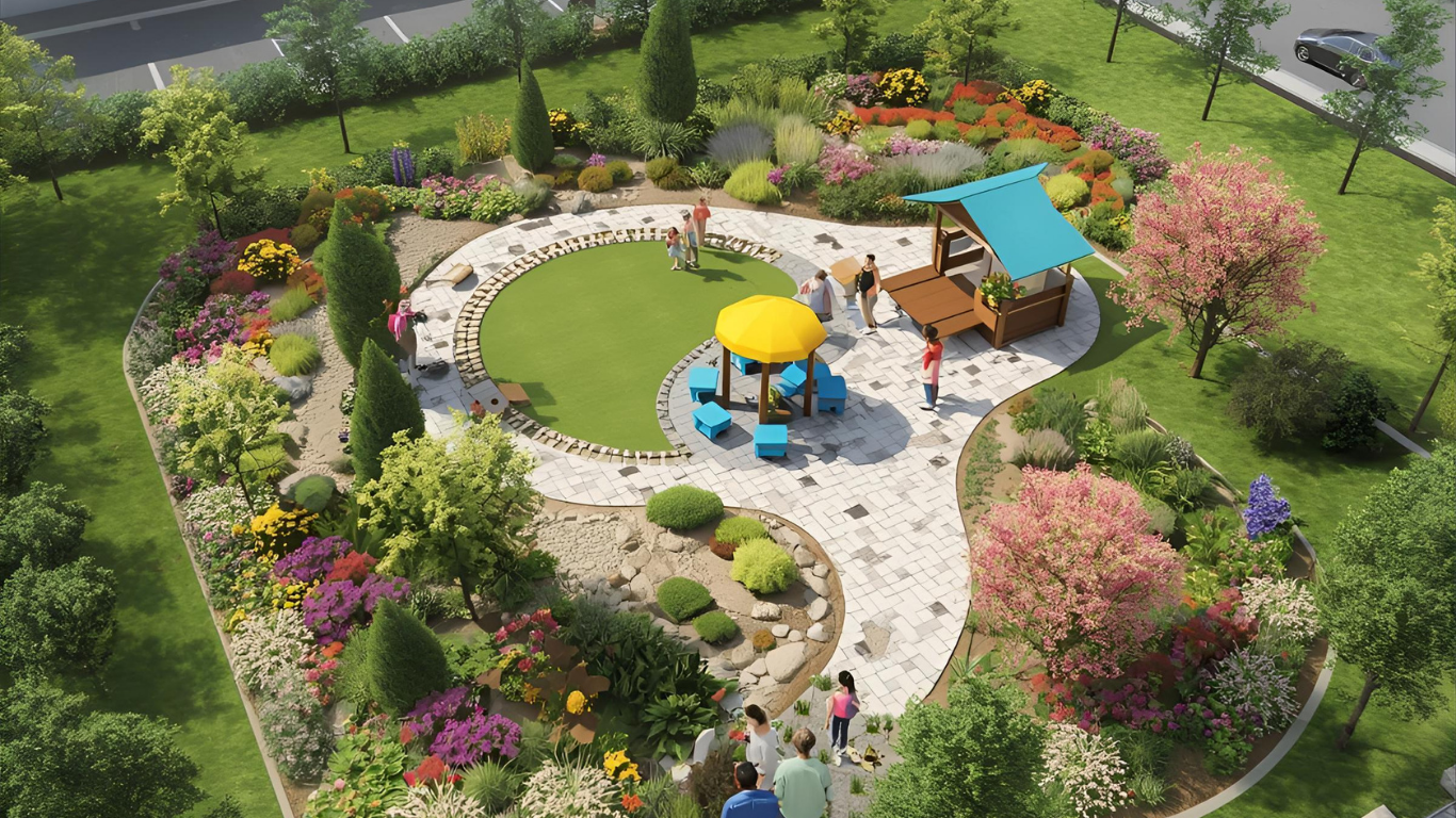 Aerial view of a colorful children's garden with a play structure, walking paths, and people.