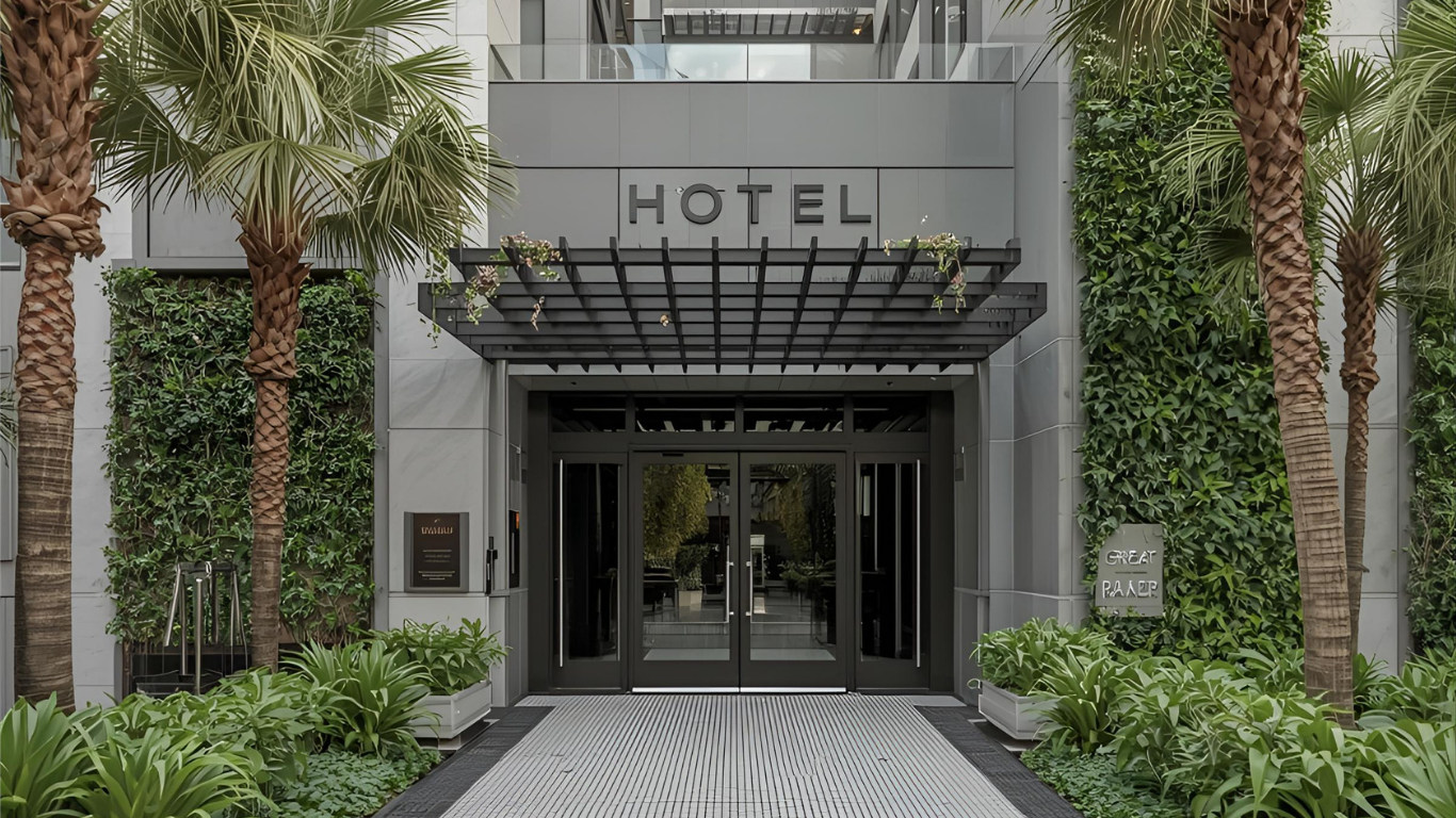 Hotel entrance with glass doors,