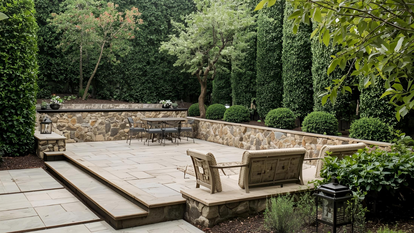 Stone patio with seating, enclosed by stone walls and tall green hedges.
