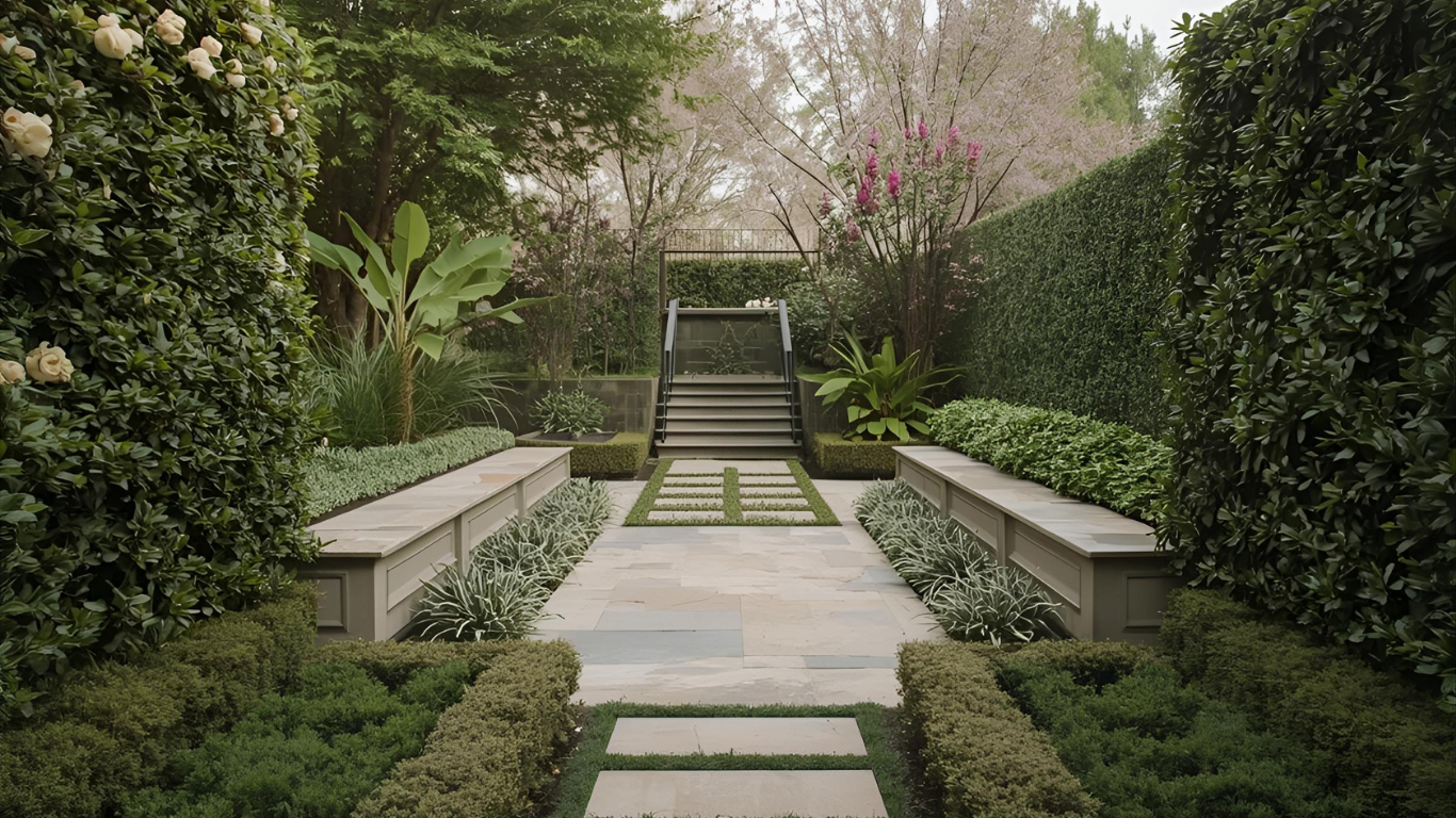 Stone pathway through a lush garden, leading to stairs. Green hedges and blooming trees line the path.