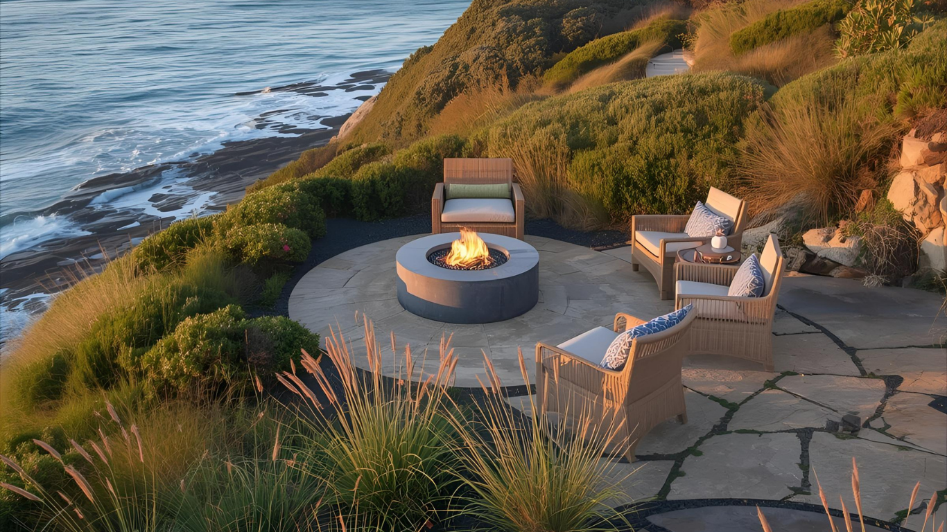 Fire pit with chairs on a cliff overlooking the ocean.