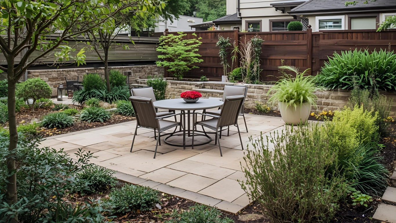 Patio with table and chairs surrounded by lush greenery and wooden fence.