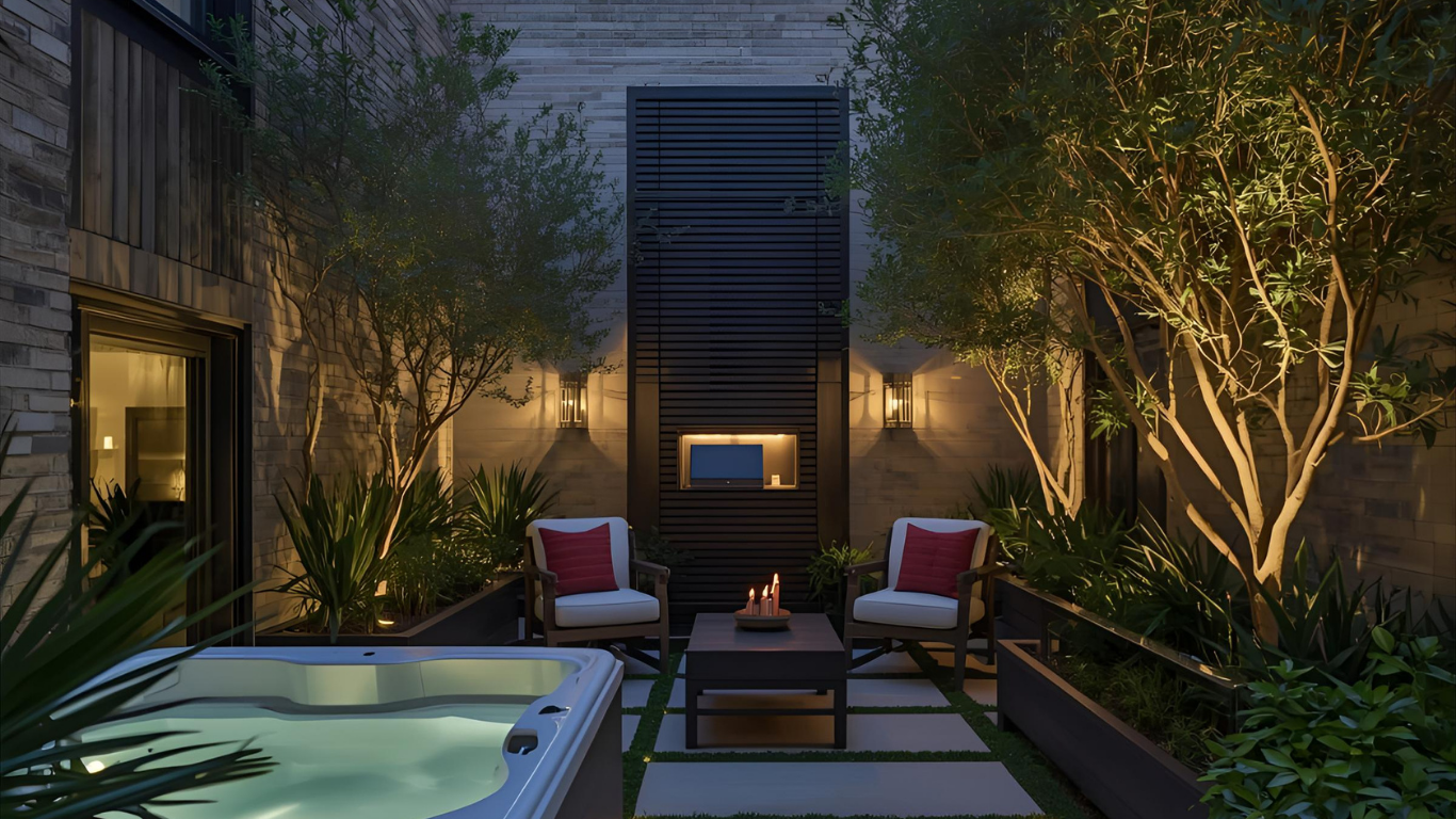 Outdoor patio with hot tub, fireplace, seating, and trees at night.