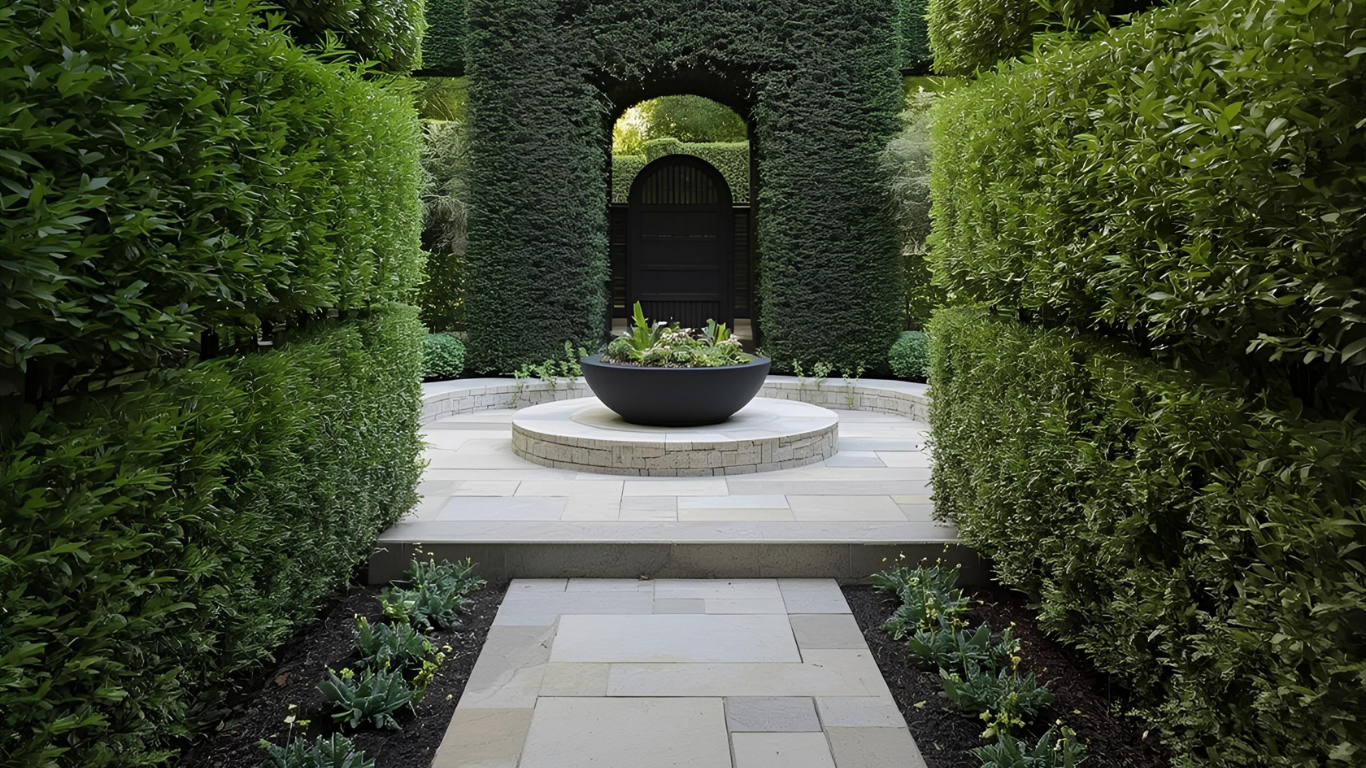 A symmetrical garden path with a raised stone circle, a black planter, and an arched hedge leading to a wooden door.