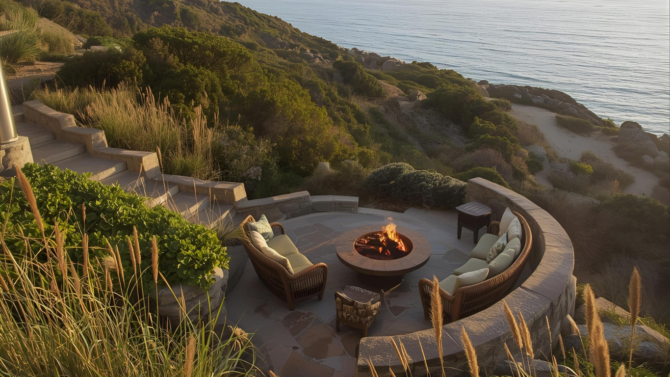 Circular patio with a fire pit, sofa, and ocean view.