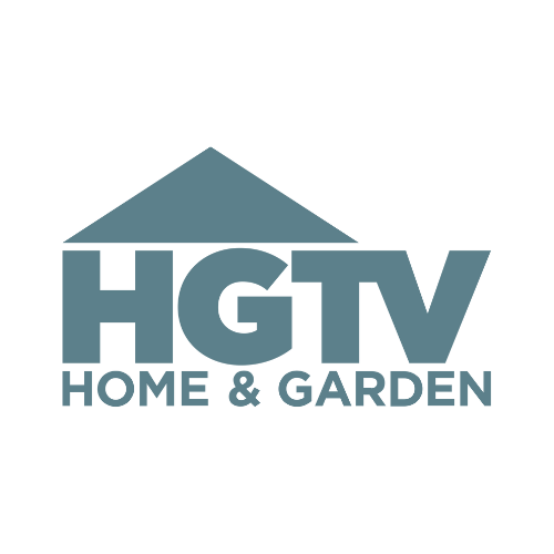 HGTV Home & Garden logo: blue house silhouette above gray text.