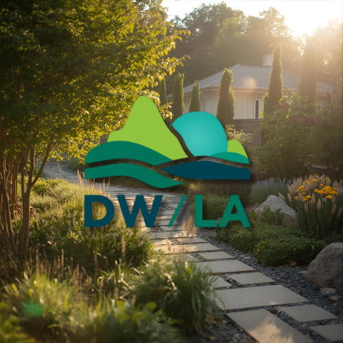 Pathway through a lush garden, with a house in the background. Logo overlay: green mountains with