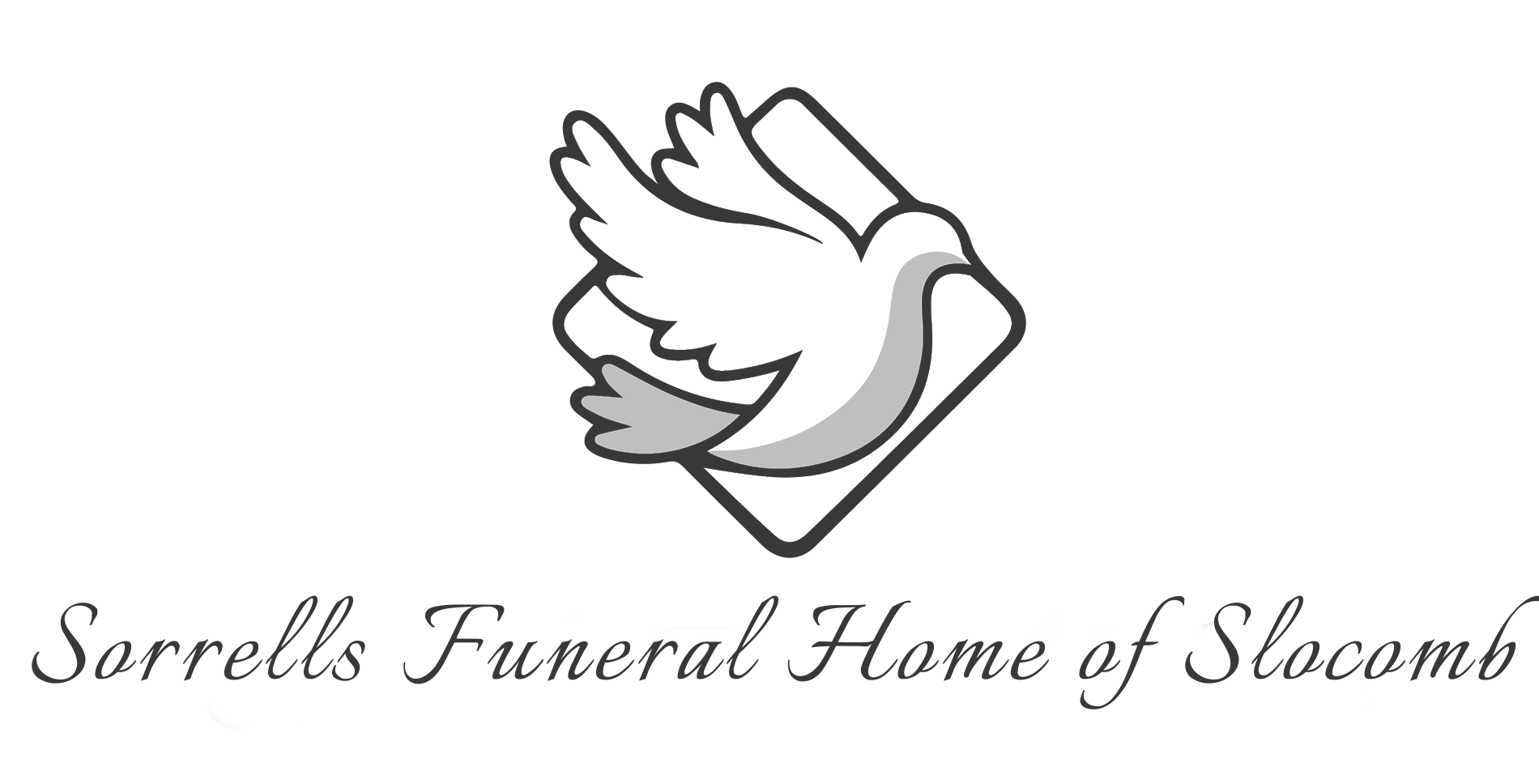 Dove emblem in a tan diamond shape, above "Sorrels Funeral Home of Slocomb" in script.