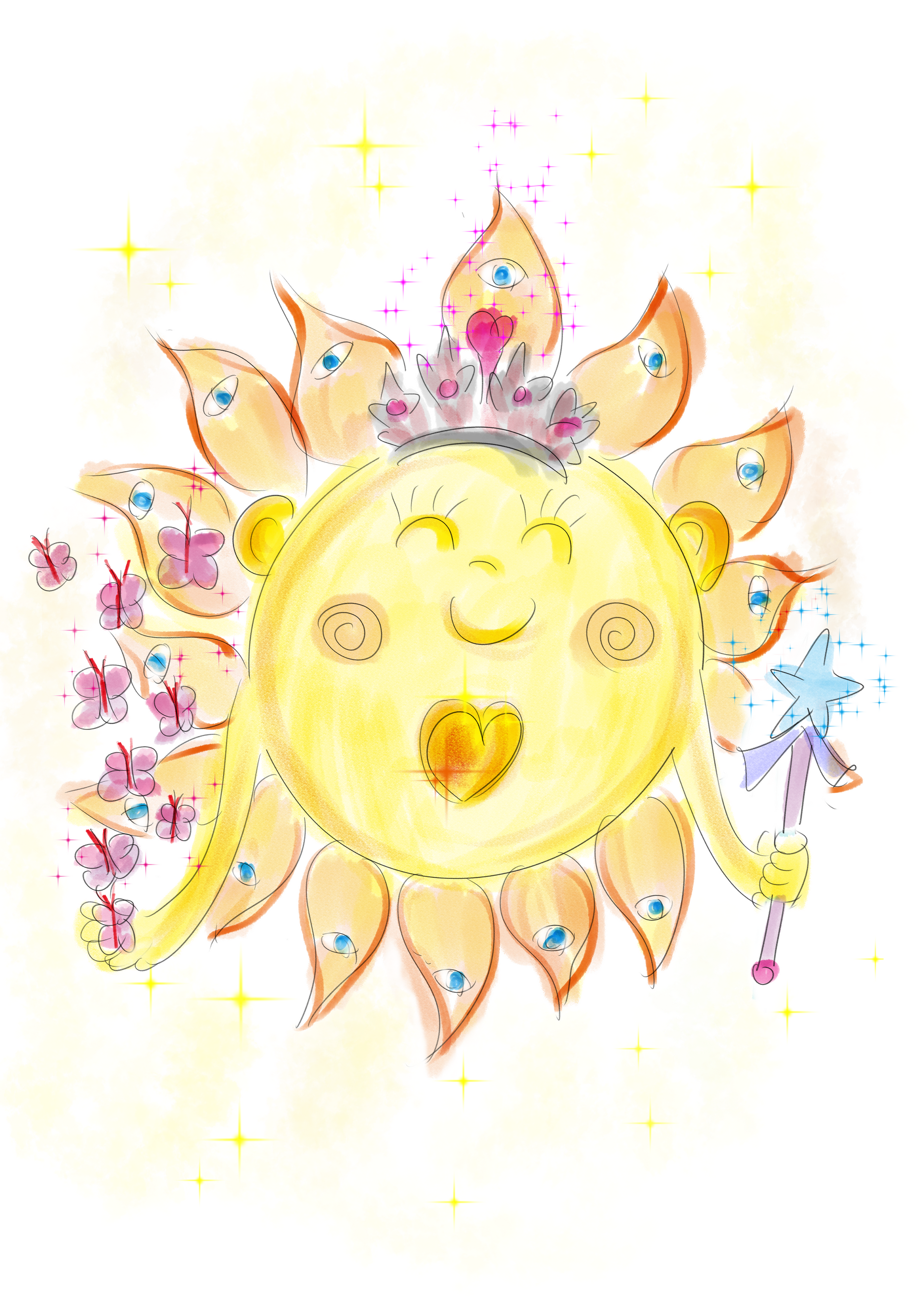 Kleurrijke illustratie van de zon uit het kinderboek Vlinder en Rosie.