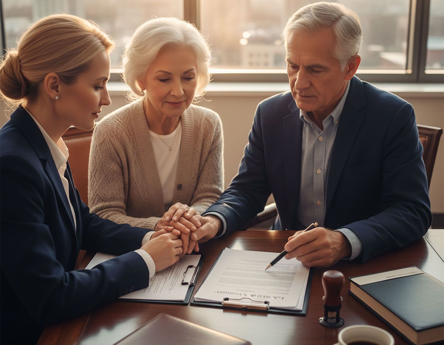 An aging couple working with a probate attorney to discuss options for their Rocky River, Ohio home after their passing.