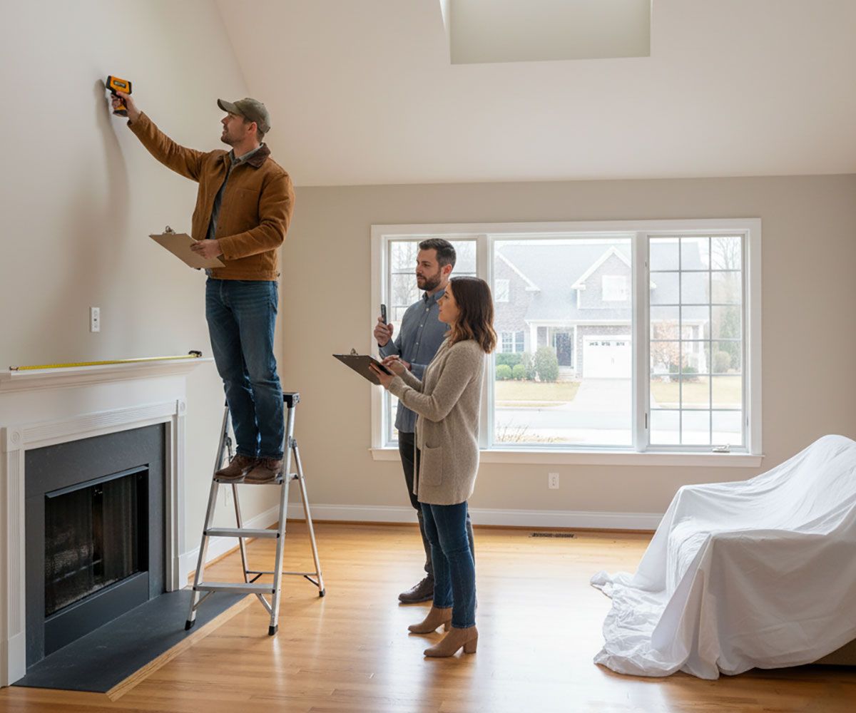 Couple standing with their home inspector as he inspects the Avon Lake, Ohio home they are purchasing through local real estate agent, Ericka Bazzo at On Target Realty