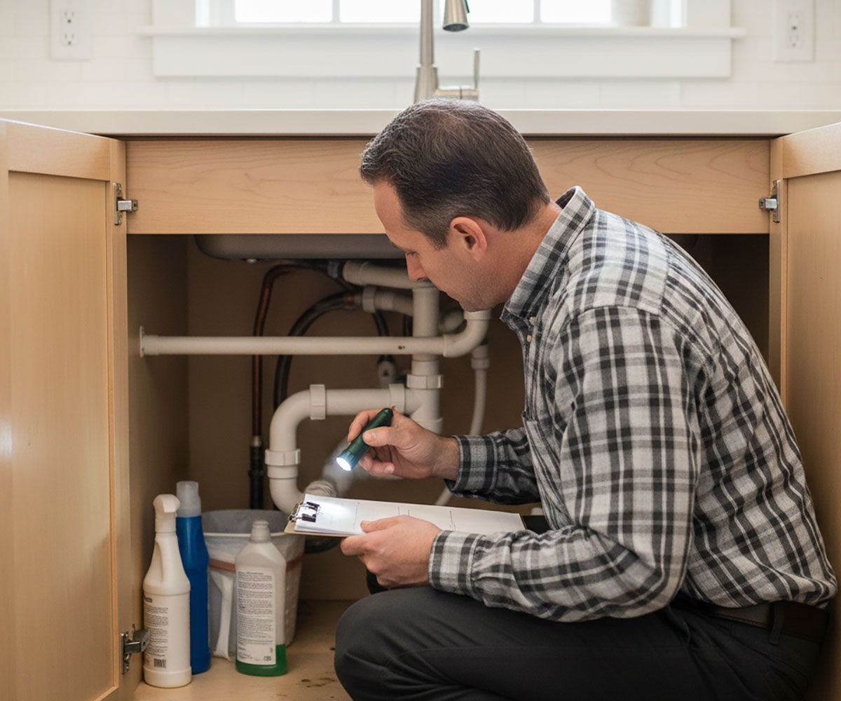 Home inspector looking underneath the kitchen sink of a Avon Lake, OH home being bought by clients of local realtor, Ericka Bazzo at On Target Realty, who will assist buyers with their inspection expectations.