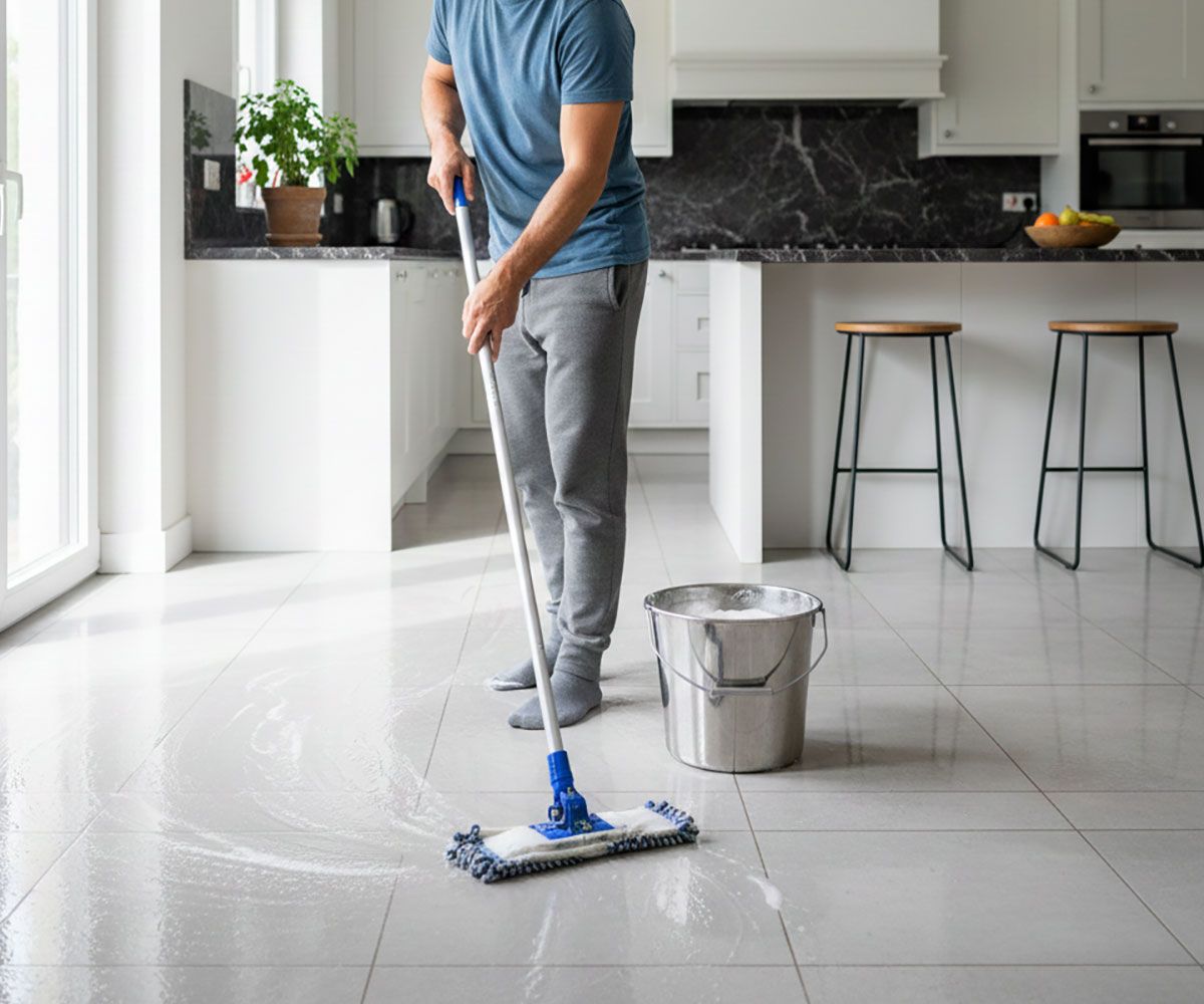 A Northeast Ohio homeowner deep cleaning his kitchen in preparation to list the home for sale with Ericka Bazzo, local Cleveland real estate agent
