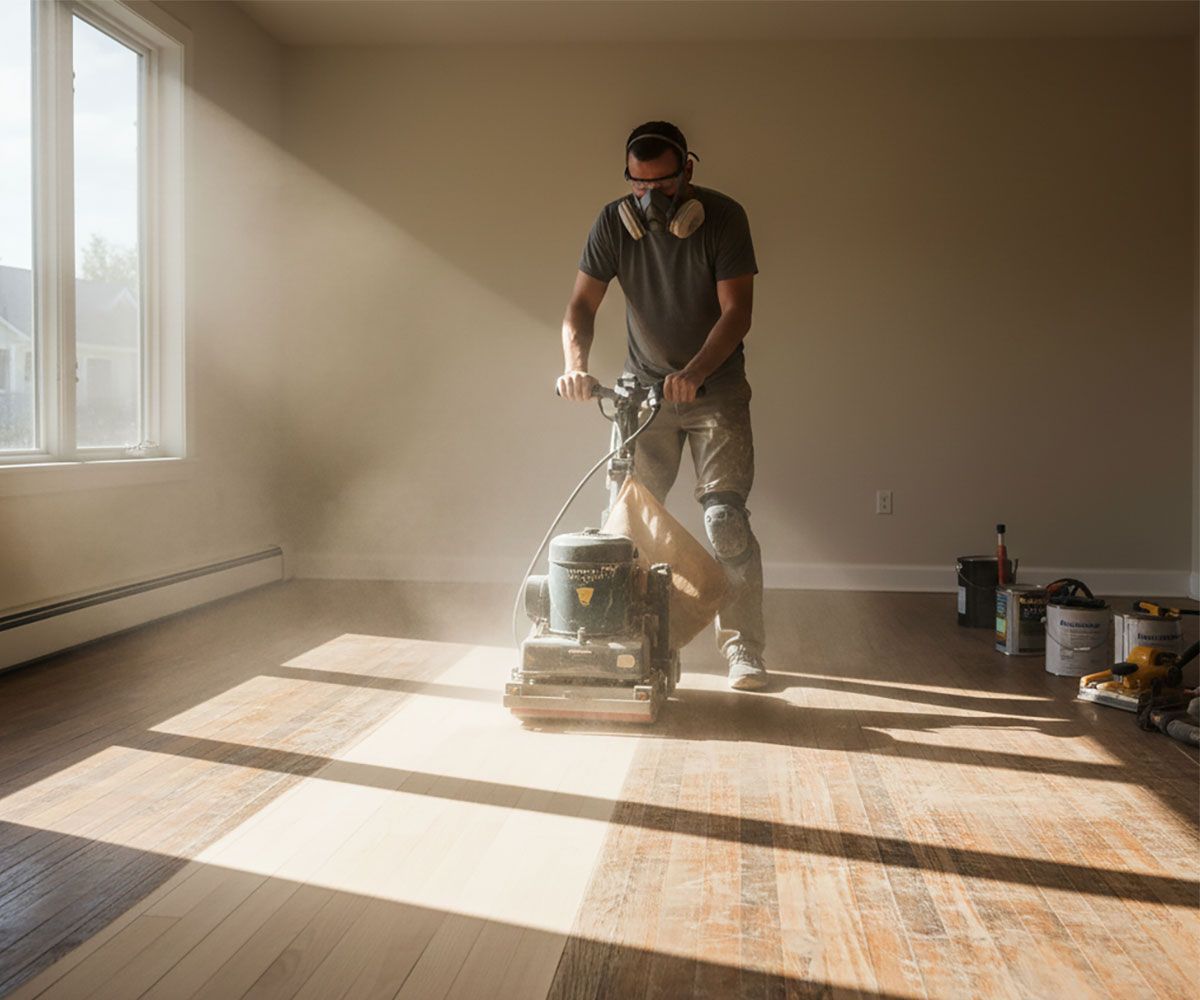 Man resanding floors in his Avon, Ohio home preparing it to sell with Ericka Bazzo, Northeast Ohio realtor at On Target Realty