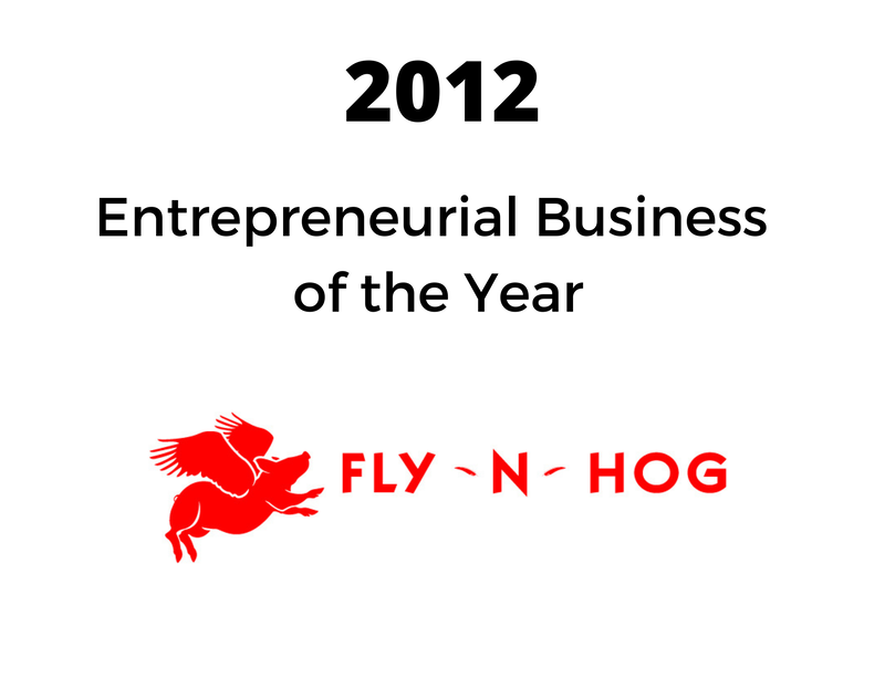 a logo for fly n hog says 2012 entrepreneurial business of the year