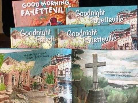 A stack of books titled good morning fayetteville and goodnight fayetteville.