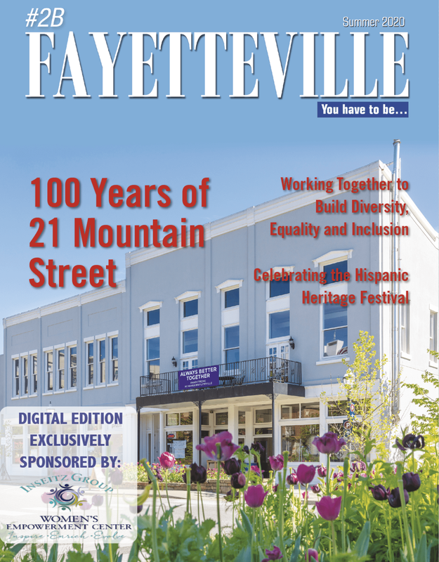 the cover of the fayetteville magazine shows a building with flowers in front of it