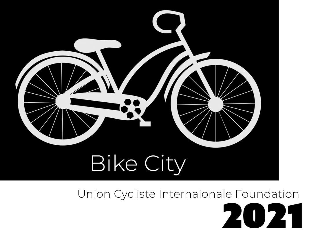 a white bicycle is on a black background with the words bike city 2021 .