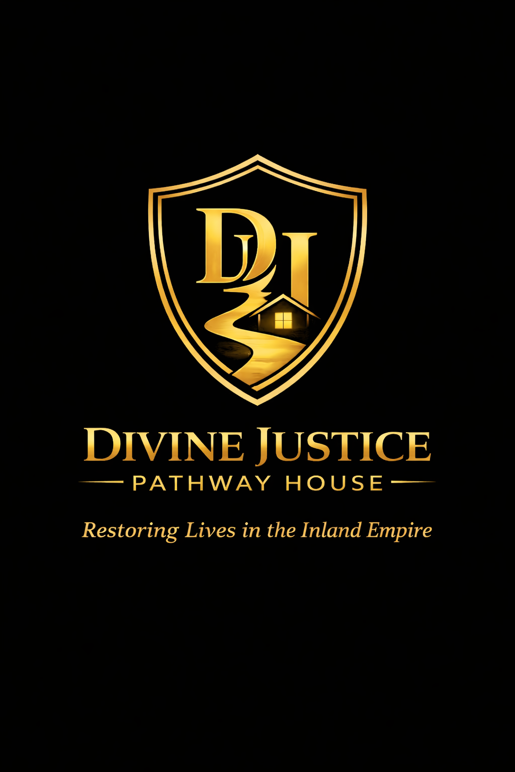 Gold logo for Divine Justice Pathway House on black background, featuring a shield with a pathway and house icon.