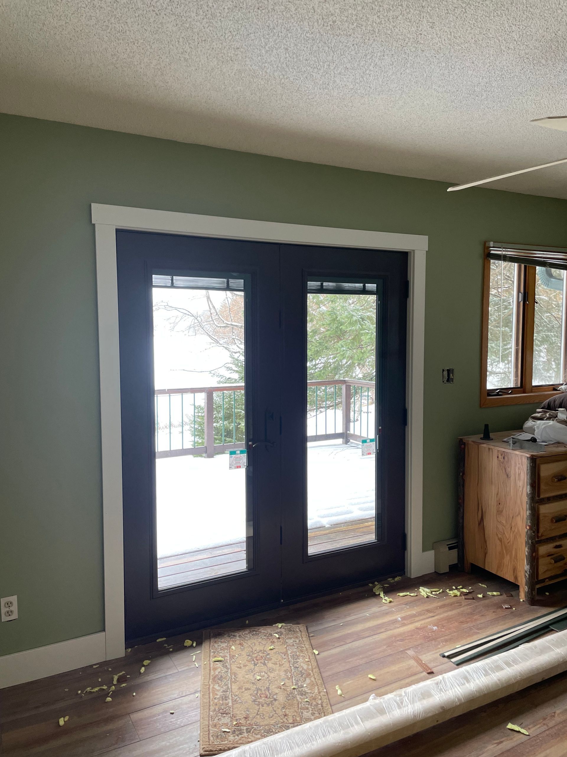 Double doors with white trim and dark frames, leading to a snowy deck. Green walls, wood floor, and wood cabinet are present.