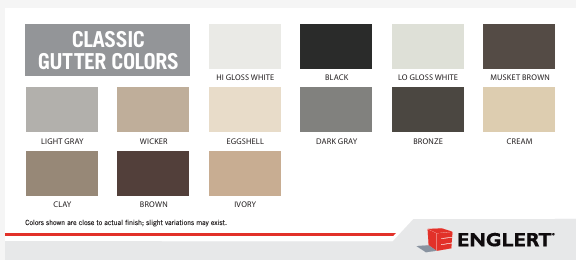 Color swatches for classic gutter colors: gloss white, black, light gray, bronze, and more.