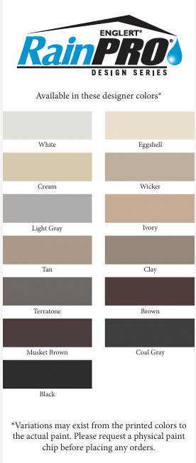 RainPro Design Series color chart featuring 12 color swatches, ranging from light to dark tones, including white and black.