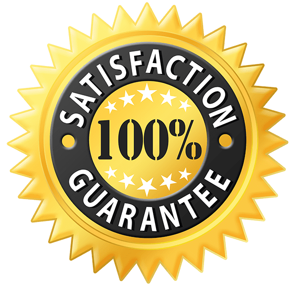 Gold badge with SATISFACTION GUARANTEE and 100% in center.
