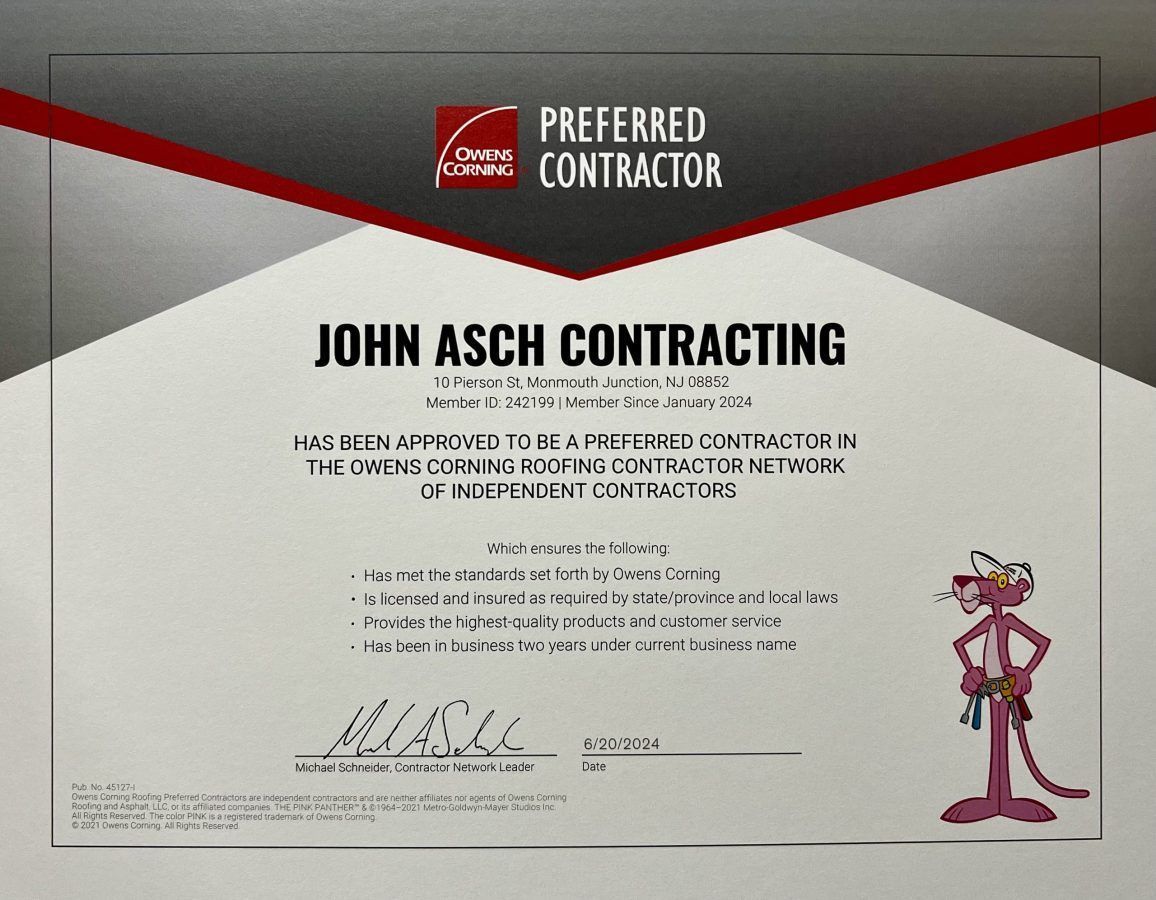 Certificate for John Asch Contracting, with Preferred Contractor branding and Pink Panther with tools.