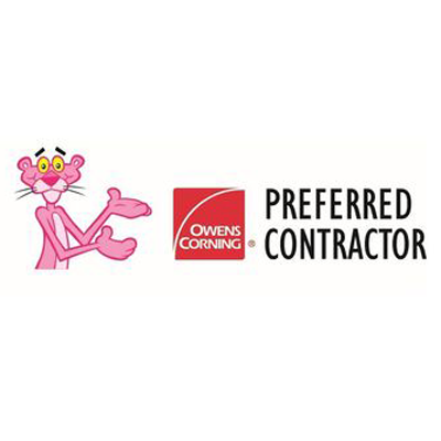 Pink Panther gesturing, next to Owens Corning Preferred Contractor logo.