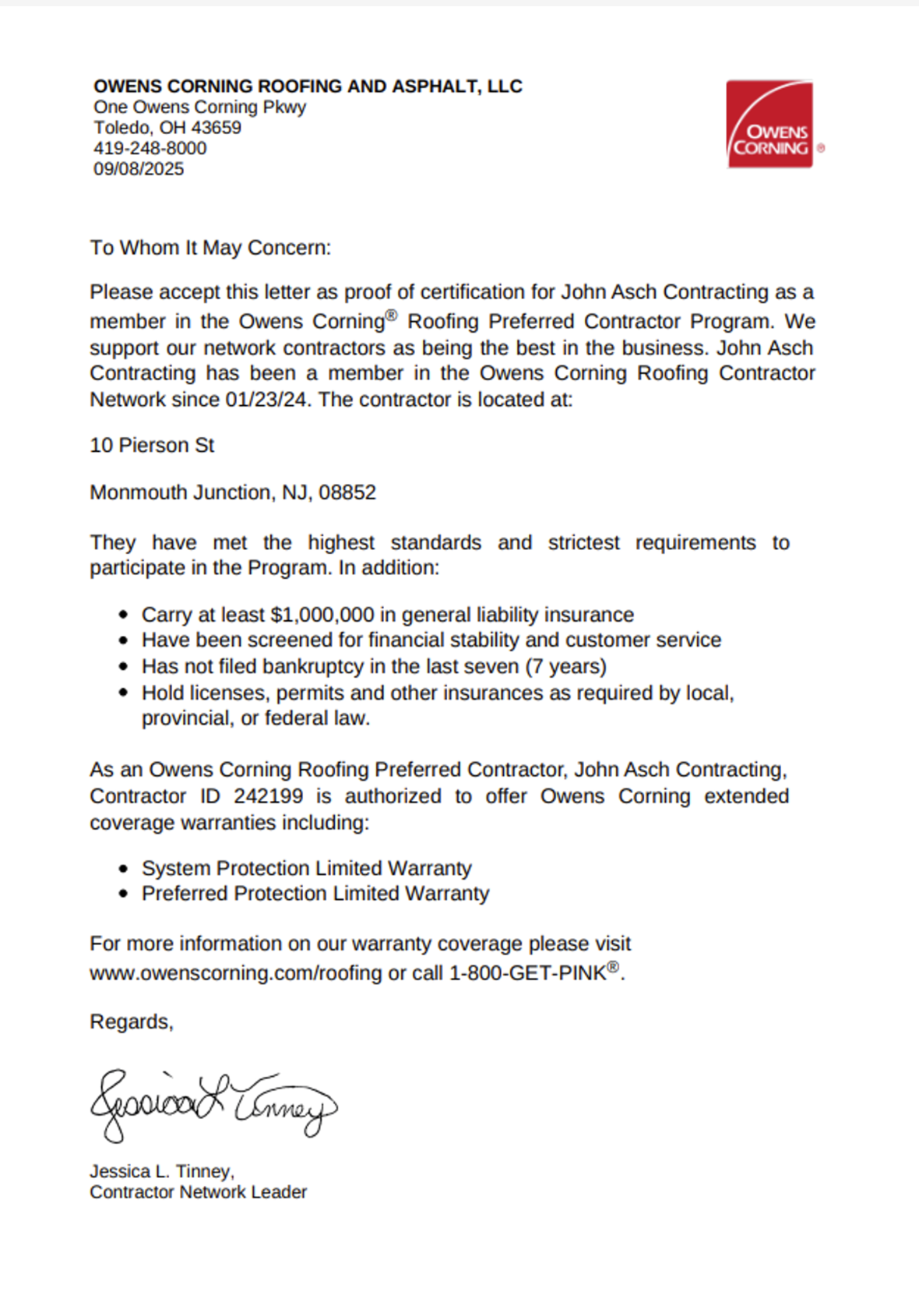 Letter from Owens Corning Roofing & Asphalt, LLC, certifying John Asch Contracting as a member of the Owens Corning Roofing Contractor Program.