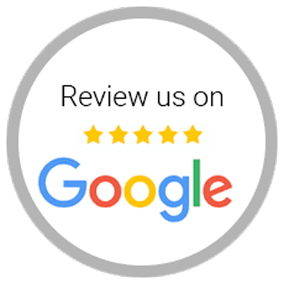 Review us on Google with Google logo and 5 gold stars within a grey circle.