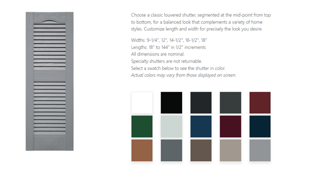 Gray louvered shutter sample with color swatches and sizing options.