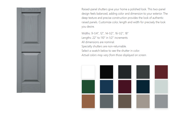 Gray two-panel shutter with color options below. Dimensions listed: width 9-1/4