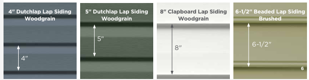 Four siding panels: 4 Dutchlap Woodgrain (gray), 5 Dutchlap Woodgrain (green), 8 Clapboard Woodgrain (white), and 6-1/2 Beaded Lap (tan).