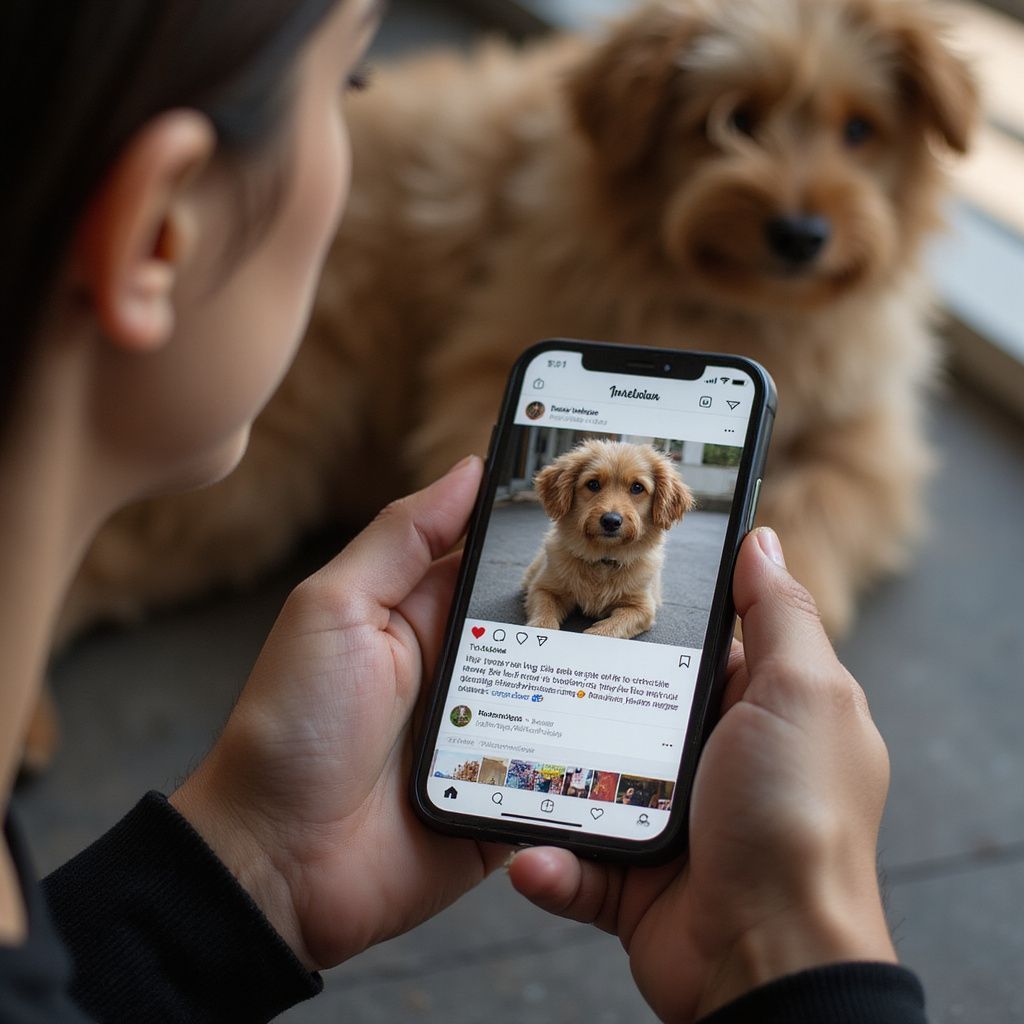 Person holding phone, looking at a dog photo on Instagram, with the dog in the background.