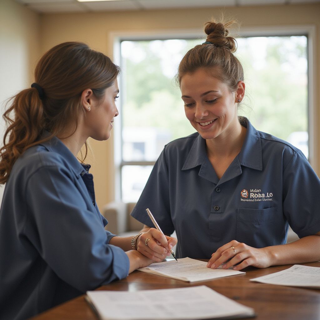 Two women in blue shirts reviewing documents at a table; one is writing, both smiling.
