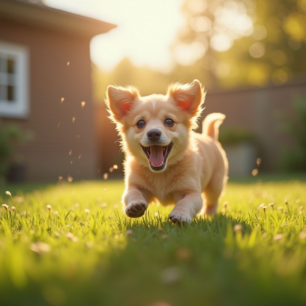Smiling puppy running in sunny backyard.