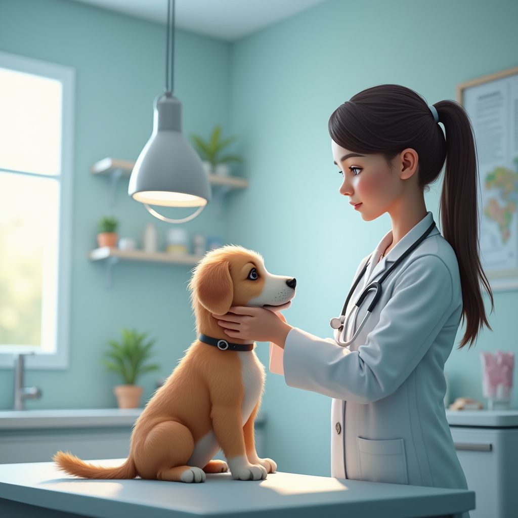 Veterinarian examines a golden-brown dog on a table in a bright, teal-colored examination room.