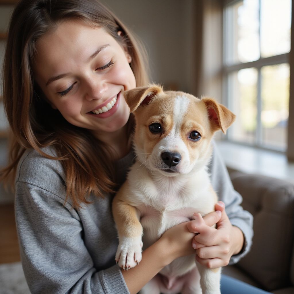Woman smiling, holding a small brown and white dog; natural light indoors.