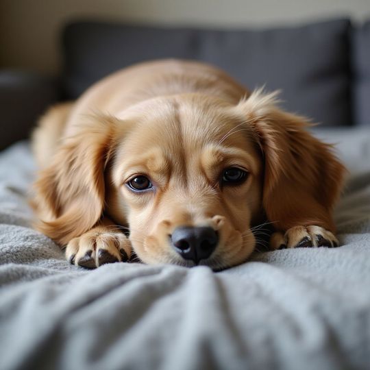 Golden-brown dog with droopy ears and sad eyes, resting on a gray blanket.
