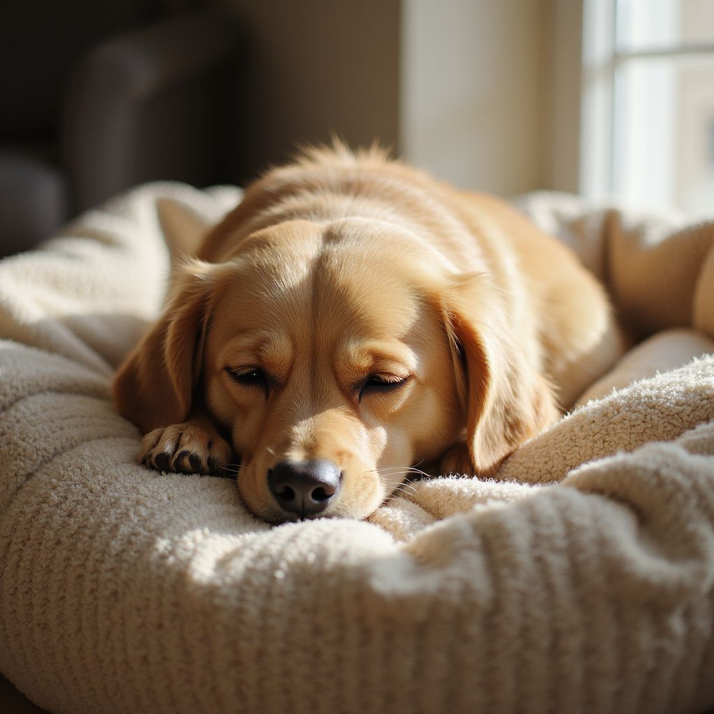 Golden-colored dog resting in a fluffy dog bed, lit by sunlight.