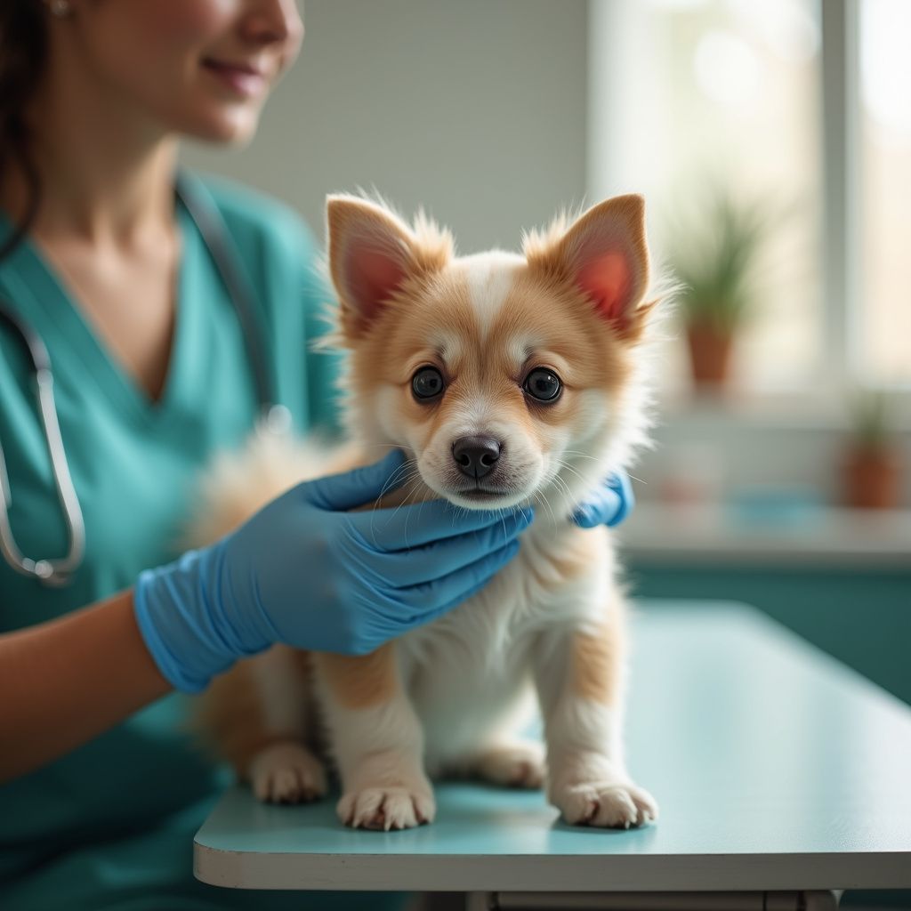 Puppy at vet's office. A person in teal scrubs and gloves gently holds the small, fluffy dog.